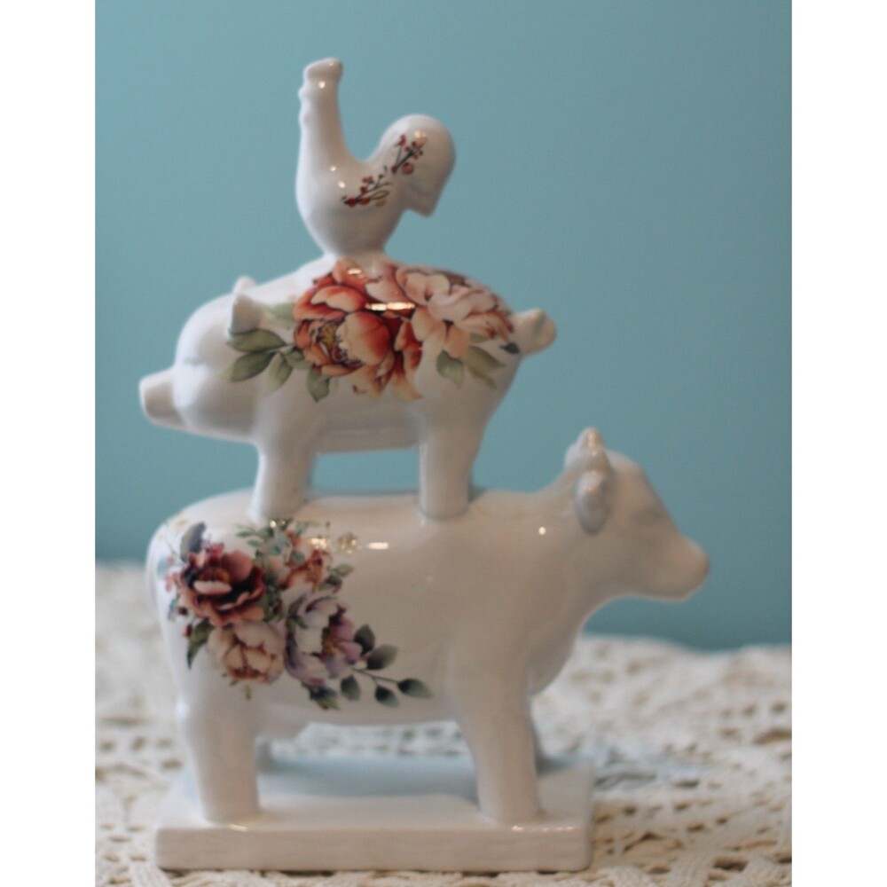 floral farm animal stack figurine ceramic cow, pig